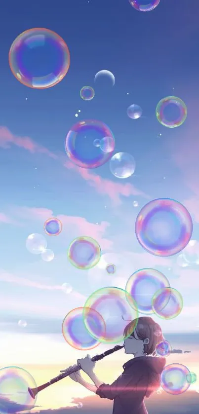 Girl playing flute under a blue sky with bubbles and pink clouds in anime style.