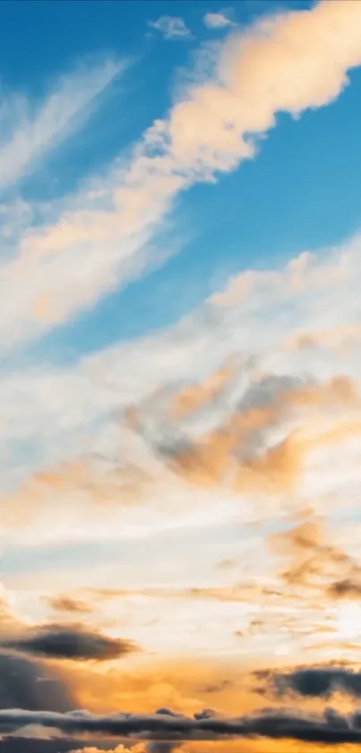 Serene sky with golden clouds at sunset.