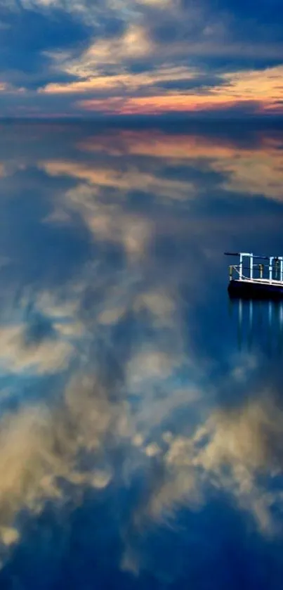 Serene lake with sunset sky reflection.