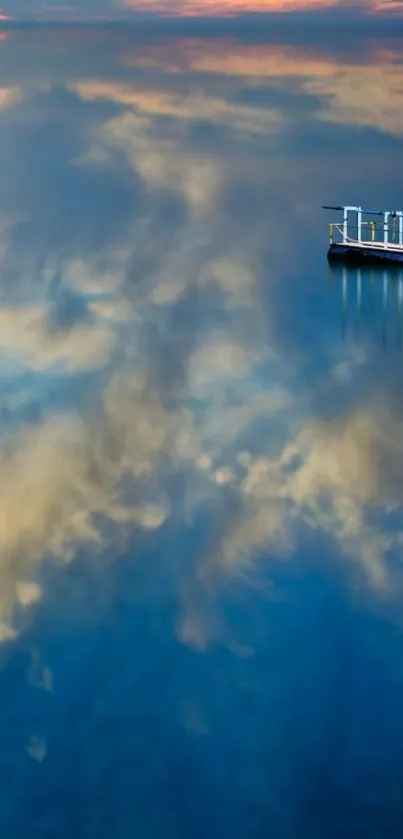 Serene reflection of sky on calm water with distant structure.