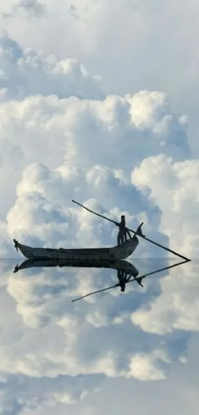 Boat and reflection in a cloud-filled sky.