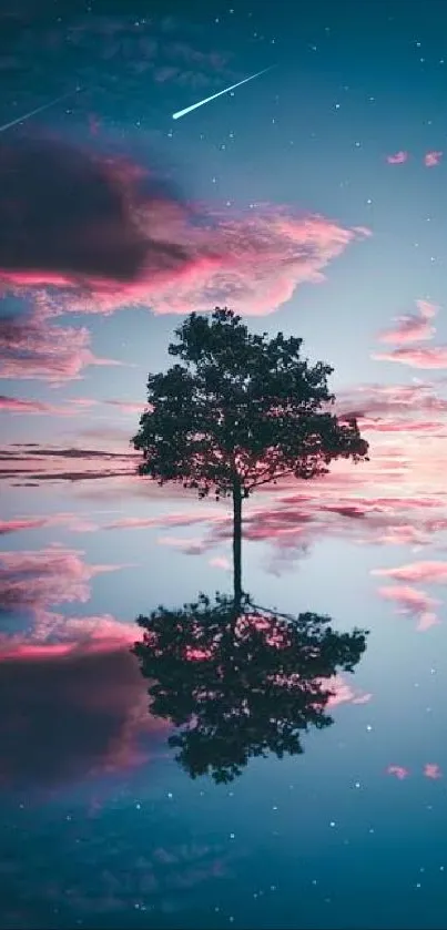 Lone tree reflecting in blue and pink sky at sunset. Serene and calming visual.