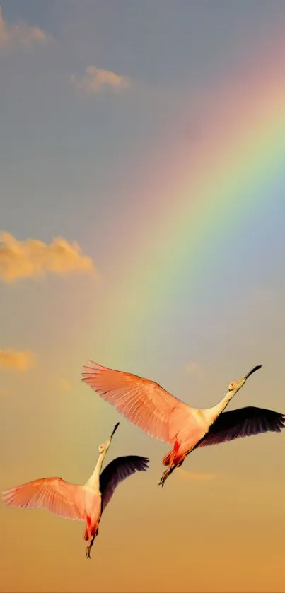 Two cranes flying under a rainbow.