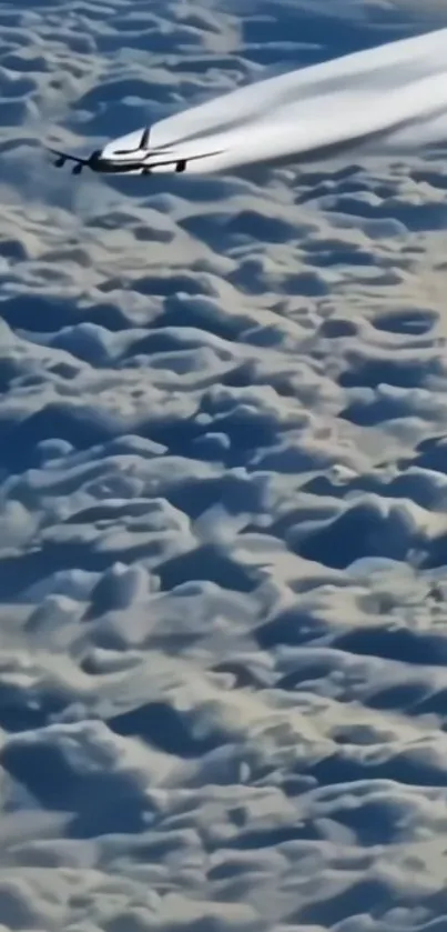 Jet soaring above the clouds in a serene sky.