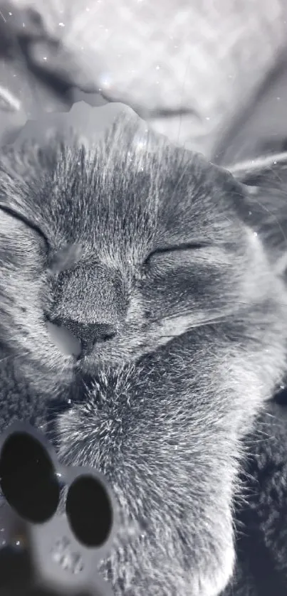 Monochrome wallpaper of a sleeping cat with a starry background.