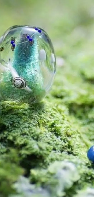 Snail encased in a glass bubble on lush green moss with a small blue sphere.