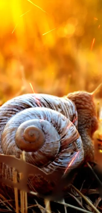 Snail in golden sunlight amidst nature, perfect for mobile wallpaper.