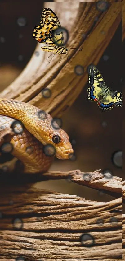 Serene brown snake with butterflies on a branch wallpaper.