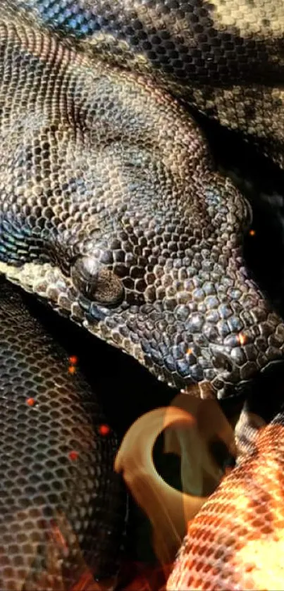 Close-up of coiled snake with textured scales in a natural setting.