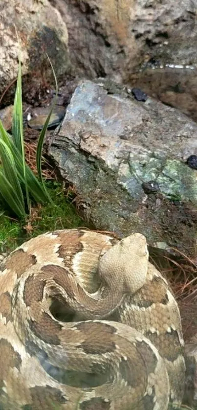 Coiled snake resting on grass with rocks surrounding in a serene natural setting.