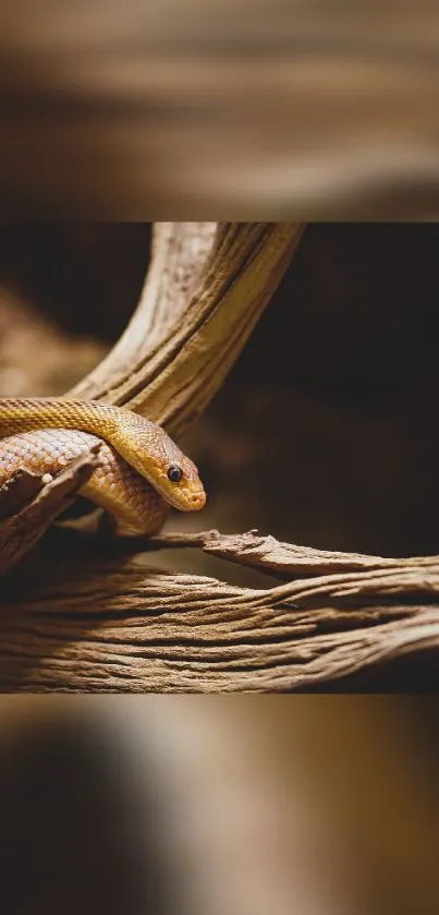 Serene snake resting on a textured branch, showcasing earthy tones.