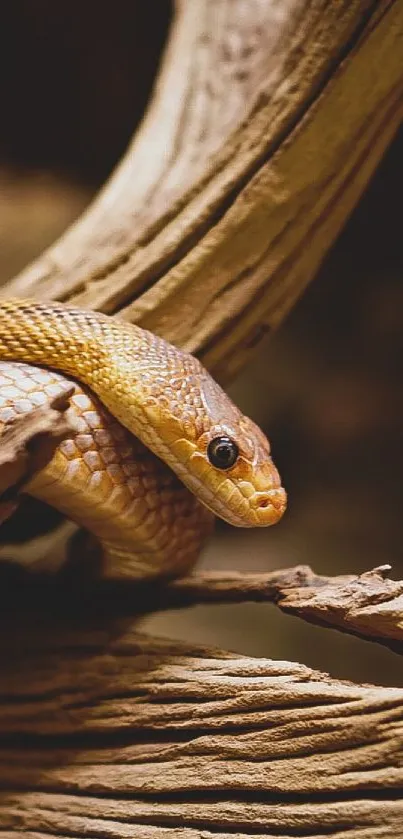 Brown snake gracefully resting on a tree branch in natural setting.