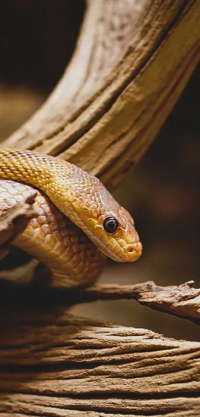 Snake resting on driftwood in a tranquil setting.