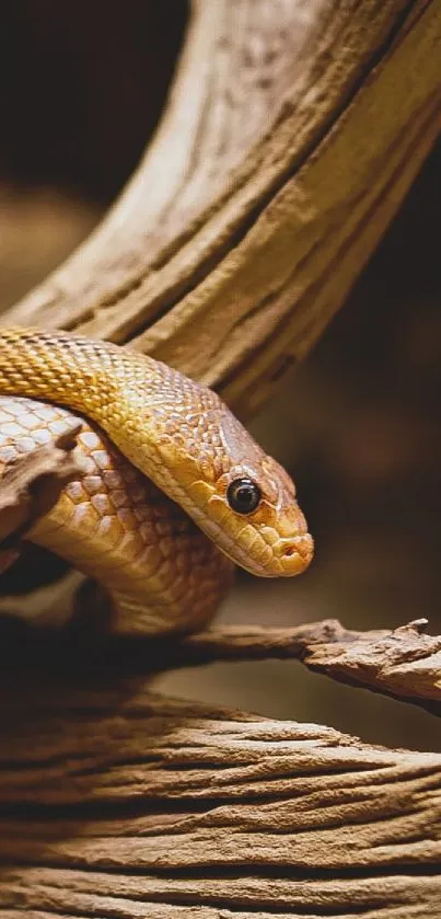 Serene snake resting on driftwood.