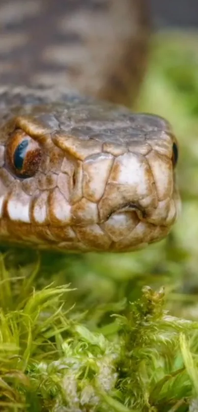 Close-up of a snake on vibrant green moss in natural setting.