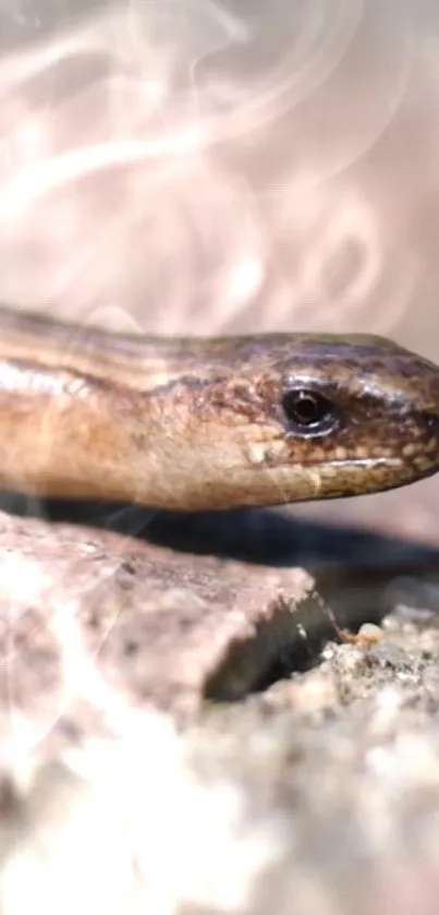 Close-up of a snake resting on a rock in a serene natural setting.