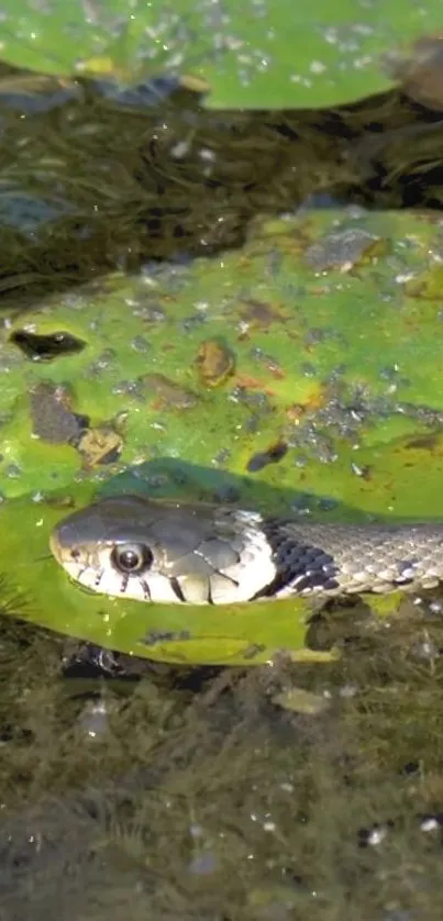 Snake gliding over green lily pad on calm water surface.