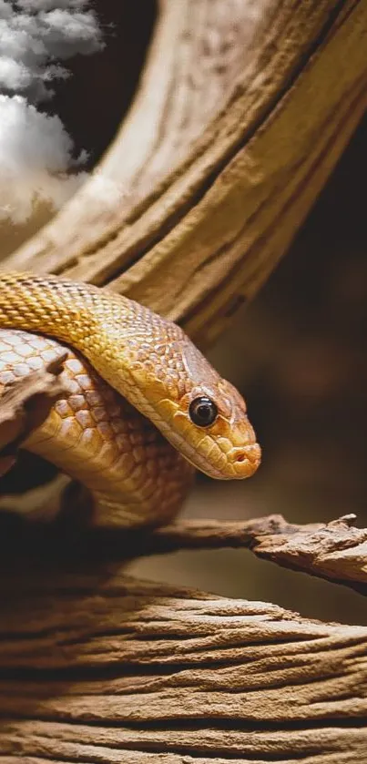 Snake coiled on rustic wood in warm brown hues.