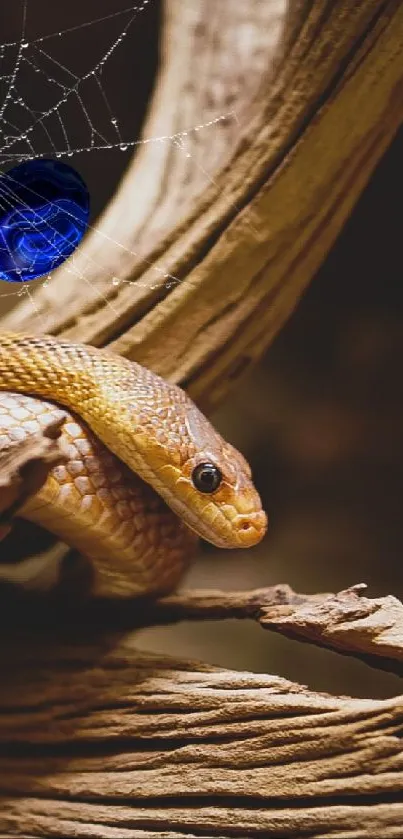 Serene snake resting on a textured wooden branch in earthy tones.