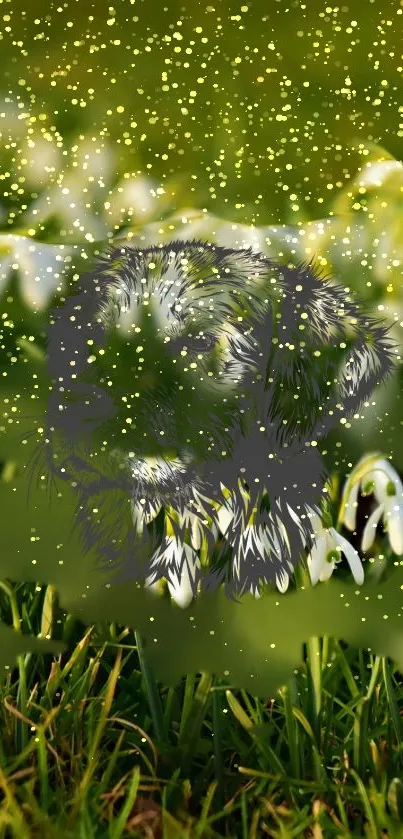 Snowdrops blooming on lush green grass background.
