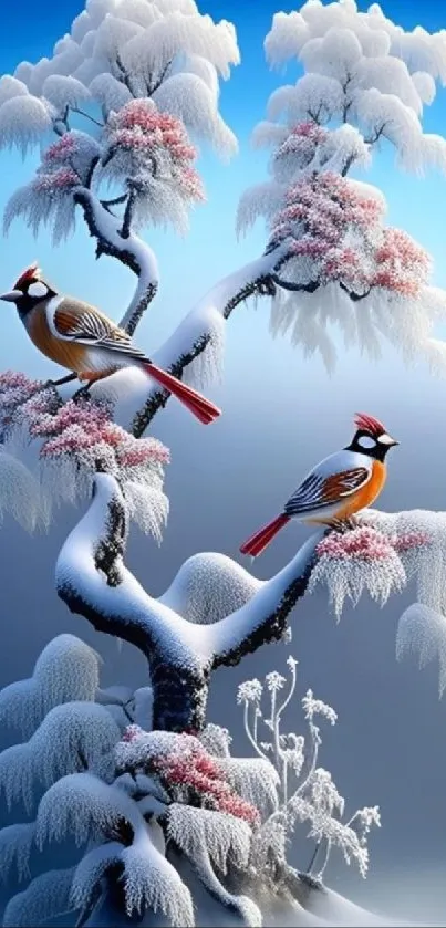 Snowy scene with birds on frosted branches and gradient sky.
