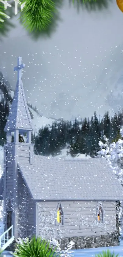 Snowy church in mountains with snowflakes falling gently.