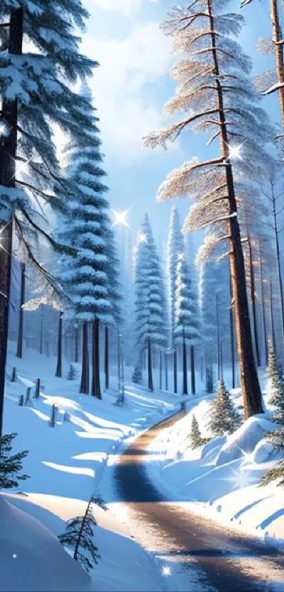 Snowy forest path with tall trees covered in snow on a serene winter day.