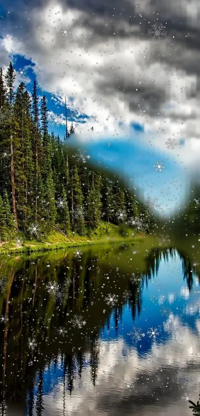 Serene forest and lake with snowflakes.