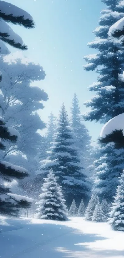 Snowy forest scene with tall trees and a blue sky.