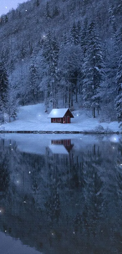 Snowy lake with a red cabin reflected in water amidst a winter forest.