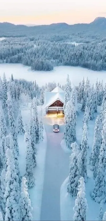 Snowy forest with a cozy cabin in winter landscape view.