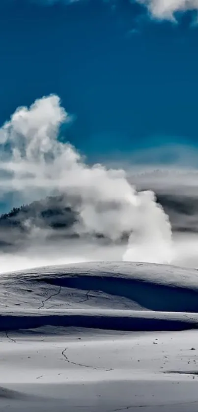 Serene snowy landscape with blue sky and misty hills.