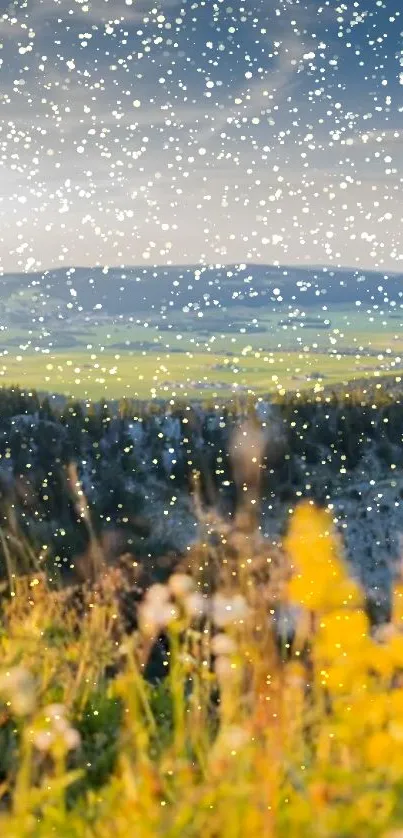 Snow falls over a vibrant field with mountains, creating a serene mobile phone backdrop.