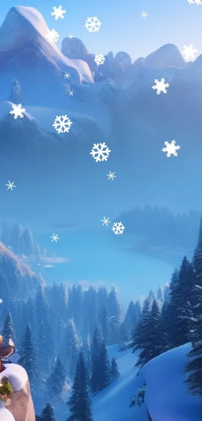 Serene mountain landscape with snowy peaks and a winter village.