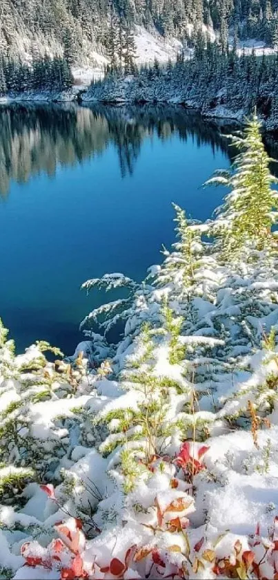 Snowy mountain landscape with a serene blue lake.