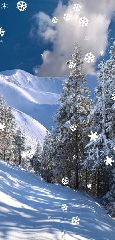 Snowy mountain scene with white snowflakes and blue sky.