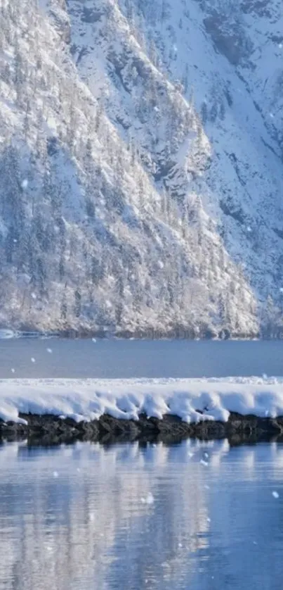 Snowy mountain and lake in winter scene.