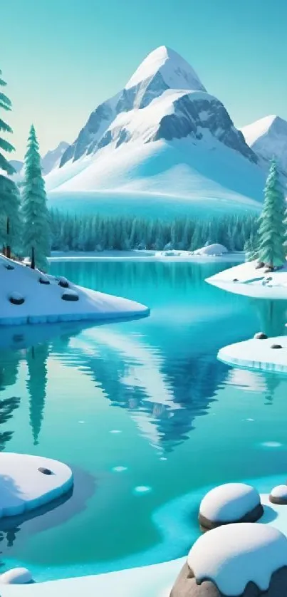 Snowy mountain with turquoise lake reflection.