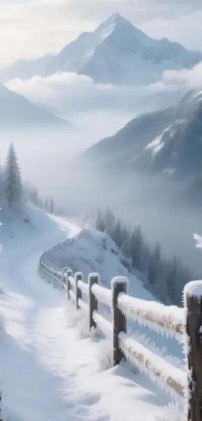 Snowy mountain path leading through a serene landscape with distant peaks.