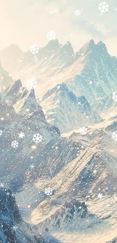 Snowy mountain peaks under a soft blue winter sky, creating a serene wallpaper.