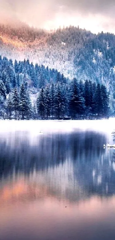 Snowy mountain reflected in a tranquil lake with serene atmosphere.