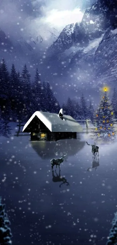 Snowy mountain cabin with Christmas tree and reindeer against a night sky.