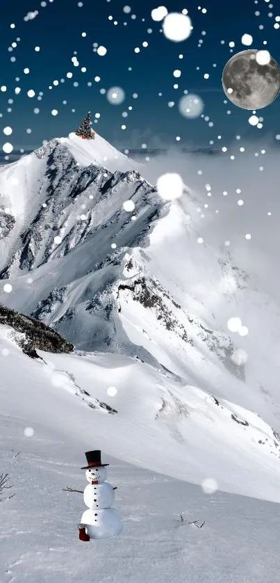 Snowy mountain with snowman under the moonlit sky wallpaper.