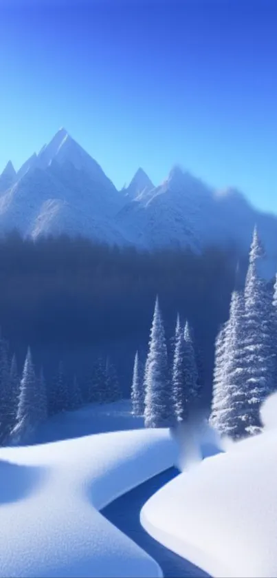 Snowy mountain peaks and frosty pines under clear blue skies.