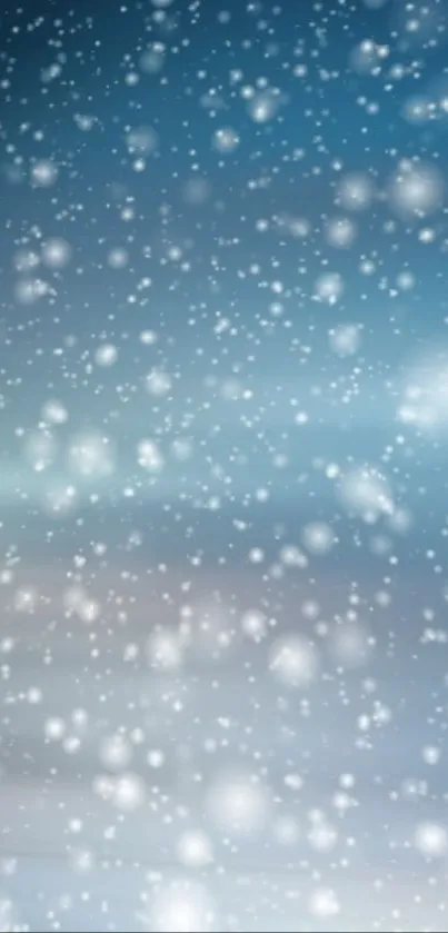 Serene snowy night wallpaper with falling snowflakes on a blue background.