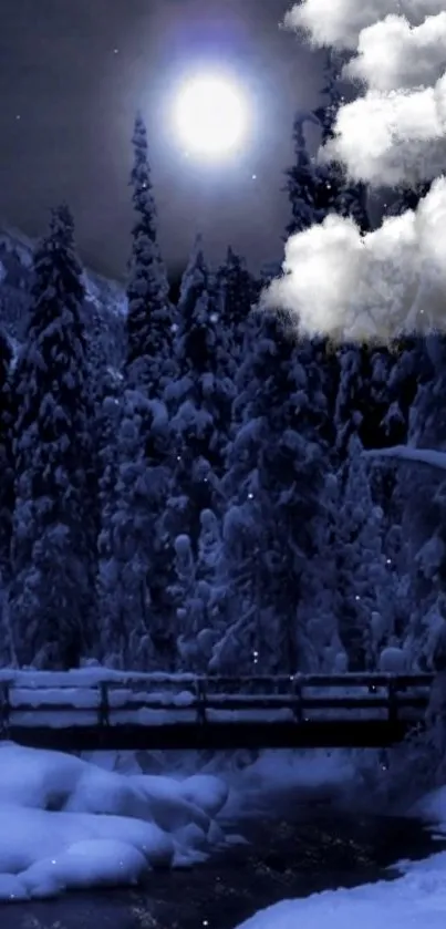 Snowy night wallpaper with a full moon, trees, and bridge.