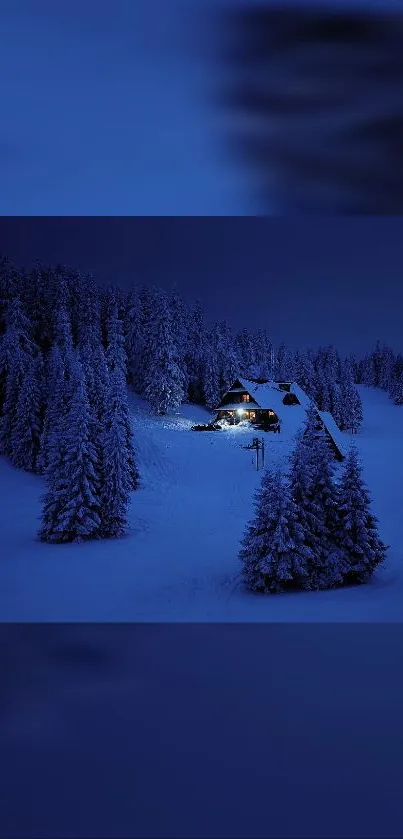 Snowy forest at night with lit cabin.