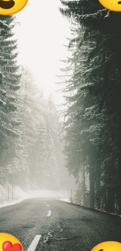 Snow-covered road through a pine forest, with emoji accents.