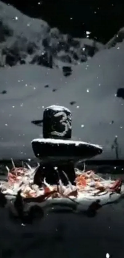 Serene Shivling covered in snow with falling snowflakes.