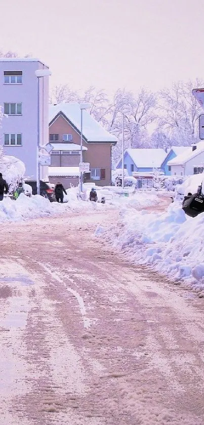 A serene, snow-covered street under soft pink sky.